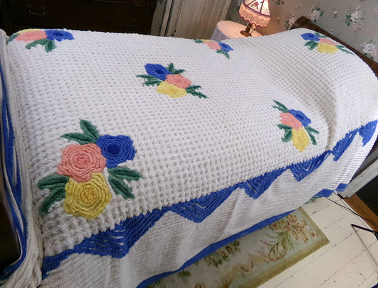 heavyweight vintage chenille bedspread, snuggly thick waffle tufting with bright floral & blue dagger design, full size plush cotton bedding