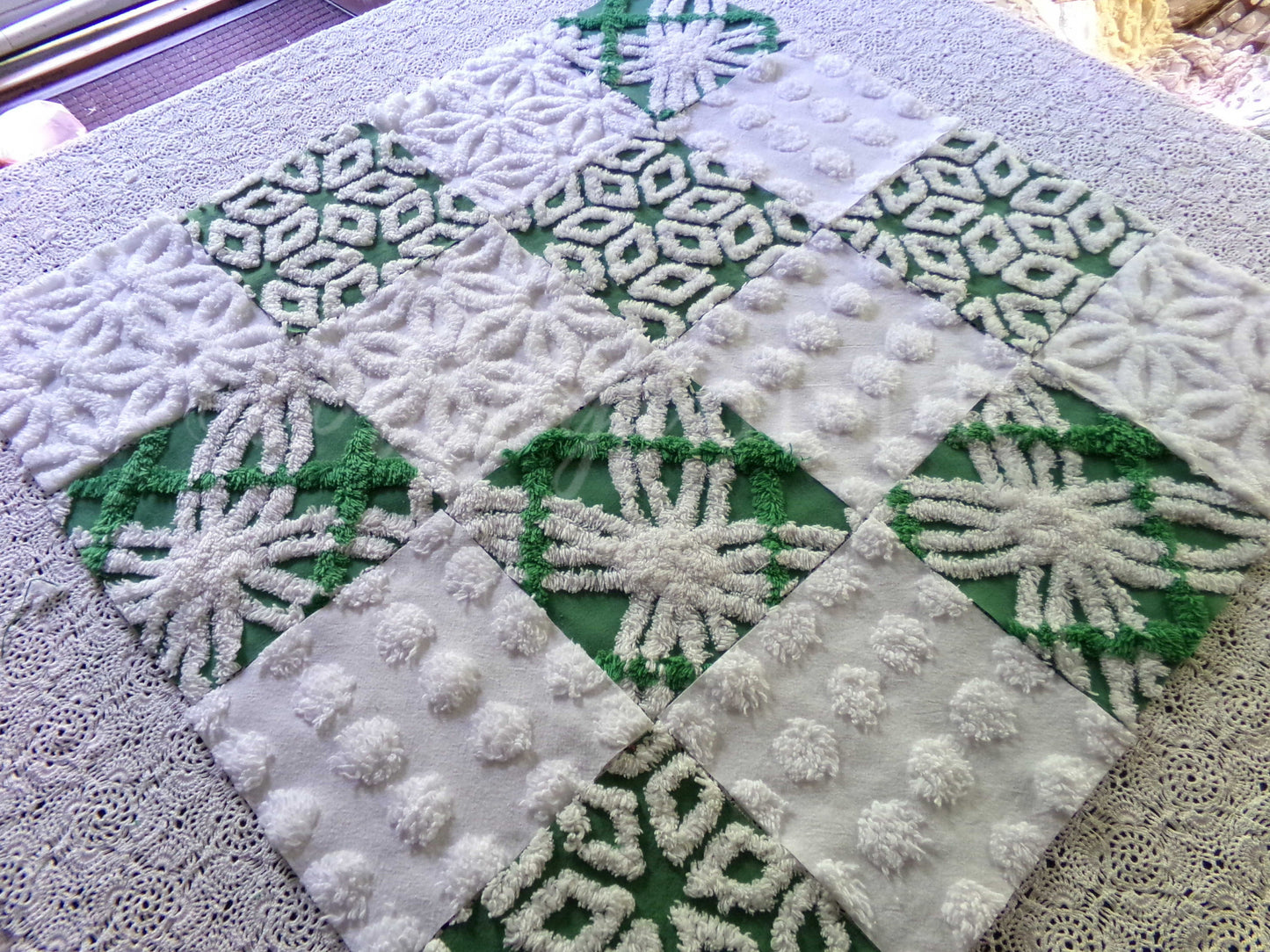 winter's enchantment vintage chenille fabric squares, set of 16 green & white quilting blocks, 6" each for patchwork pillows, quilt inlays