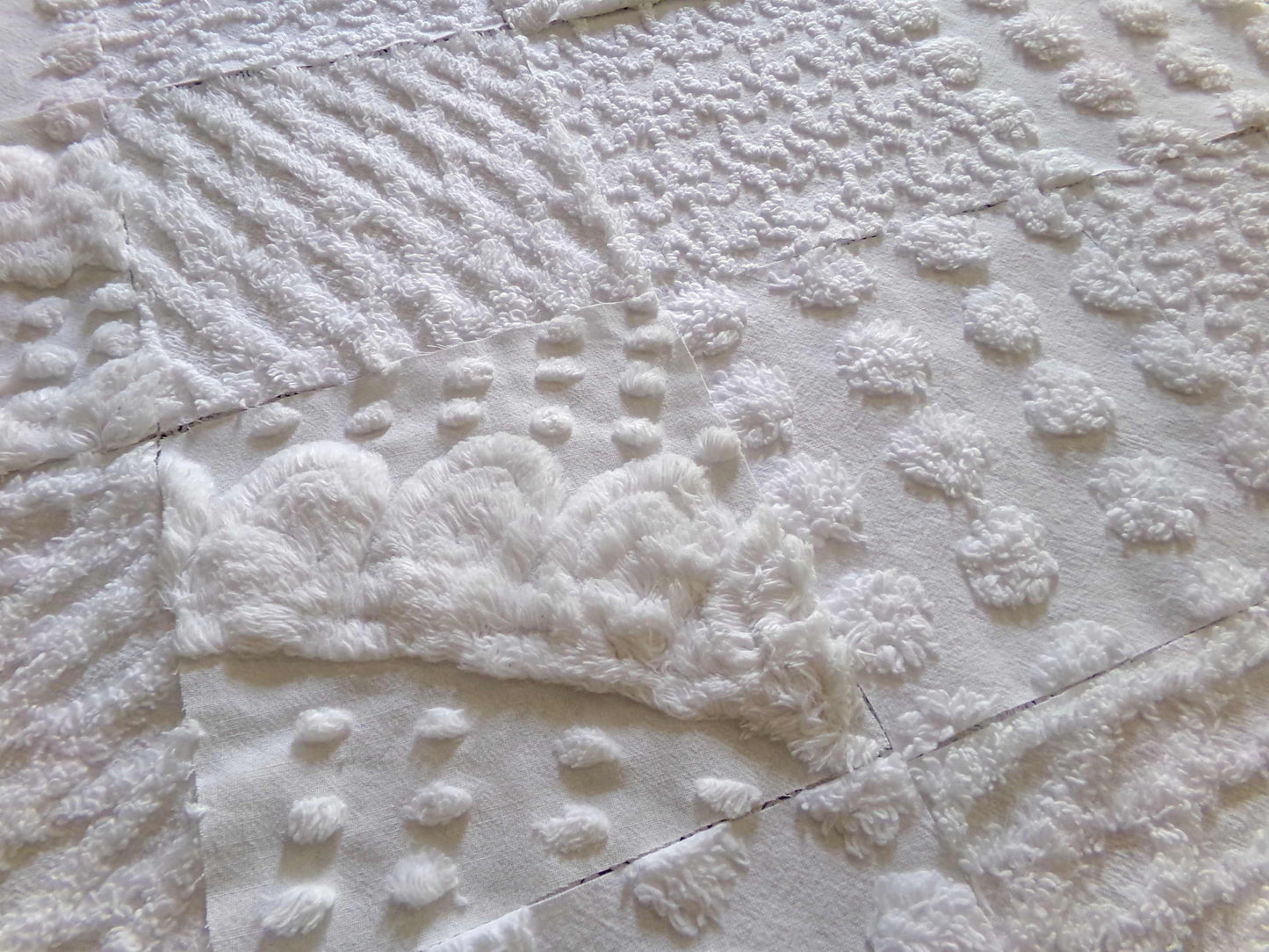 snow day white chenille fabric squares, 16 vintage 6" x 6" quilt blocks, pops, squiggles, diamond lattice & swirls