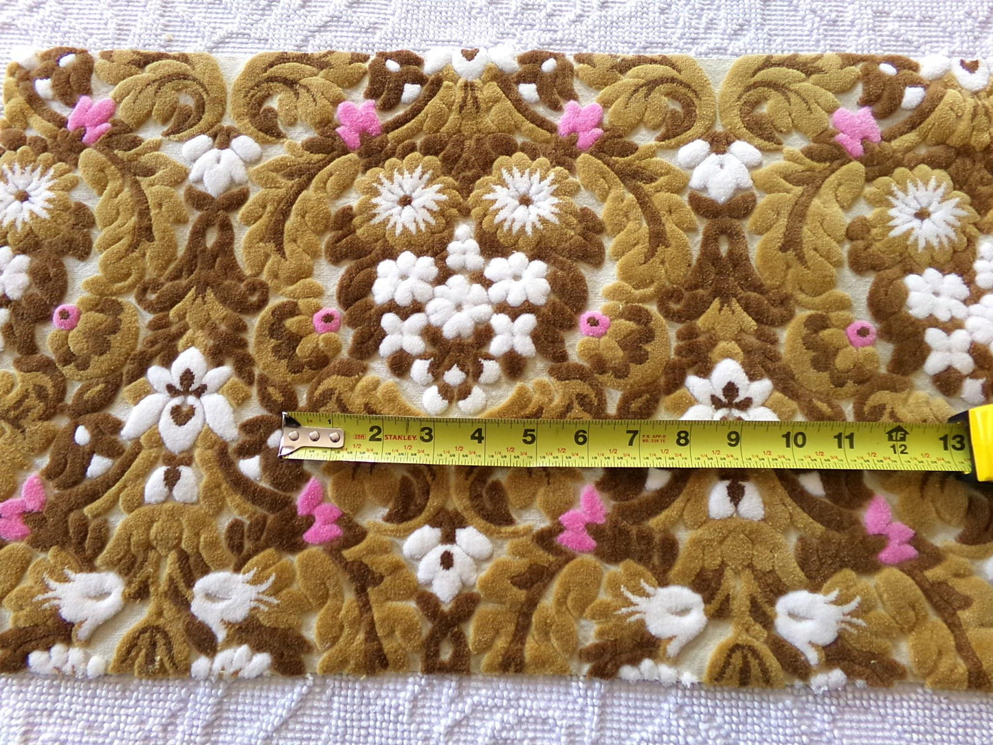 vintage cut velvet fabric, chocolate caramel Bates tapestry chenille, 12" x 21" inch piece, great sewing material for small bags