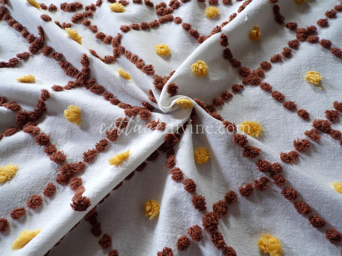 boho sunflower vintage chenille fabric, autumn gold & brown geometric florals on 100% cotton 22" x 28" cut piece