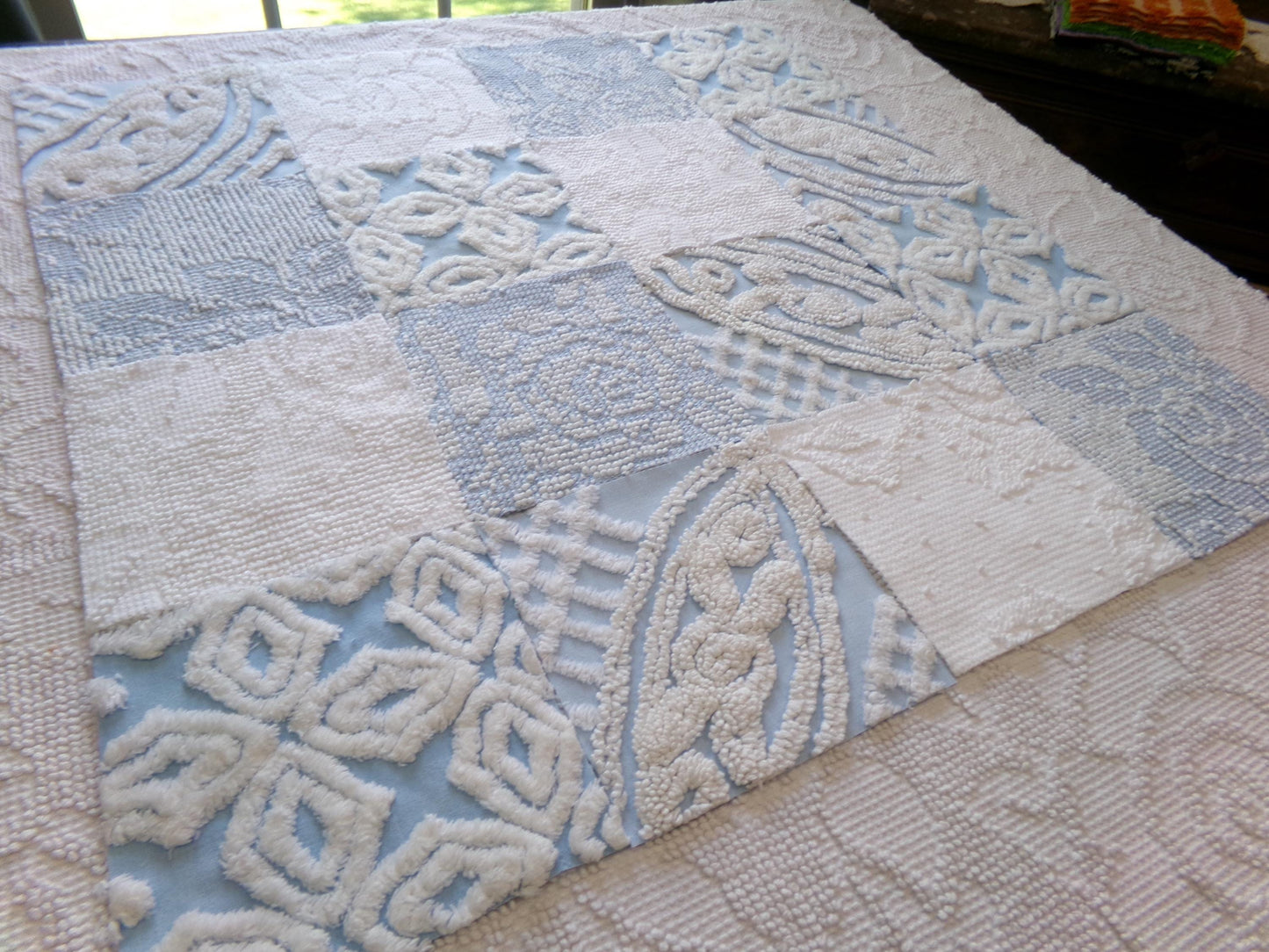 seaside serenity vintage chenille fabric squares, set of 16 blue & white 6" blocks for crafts, sewing