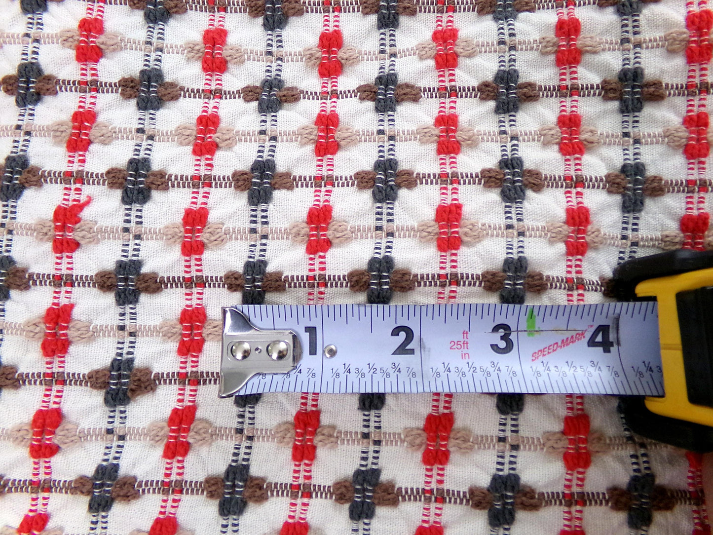 little bow tie vintage woven fabric w/ intersecting chenille cross ties in red, charcoal, mocha & brown, 20" x 24" cut piece sewing material
