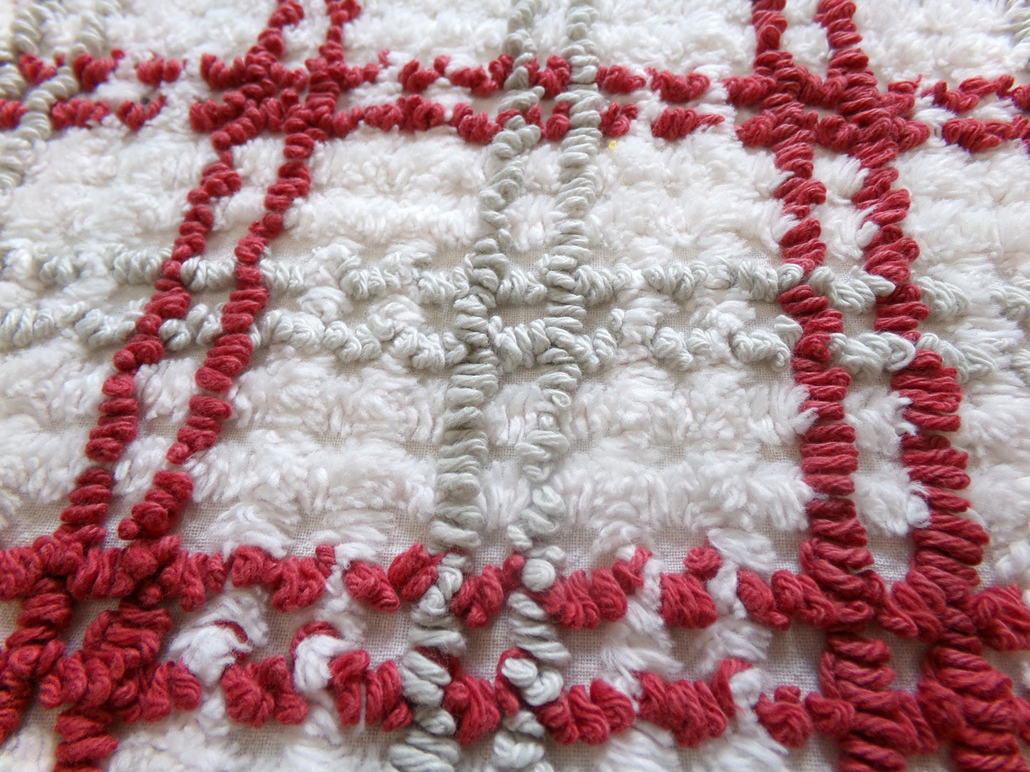 Preppy Plaid Vintage Chenille Fabric, Maroon & Grey Needletufting on White Grid, 18" x 23" inch Piece, 100% Cotton