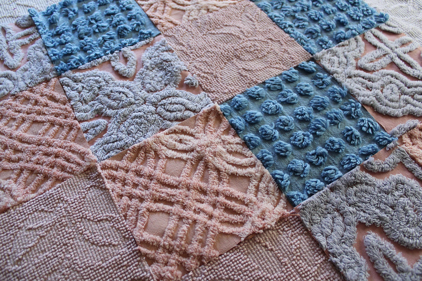 starry twilight chenille fabric squares, set of 16 vintage quilt blocks 6" inches ea, dreamy serene blue, rose mist, pink shades