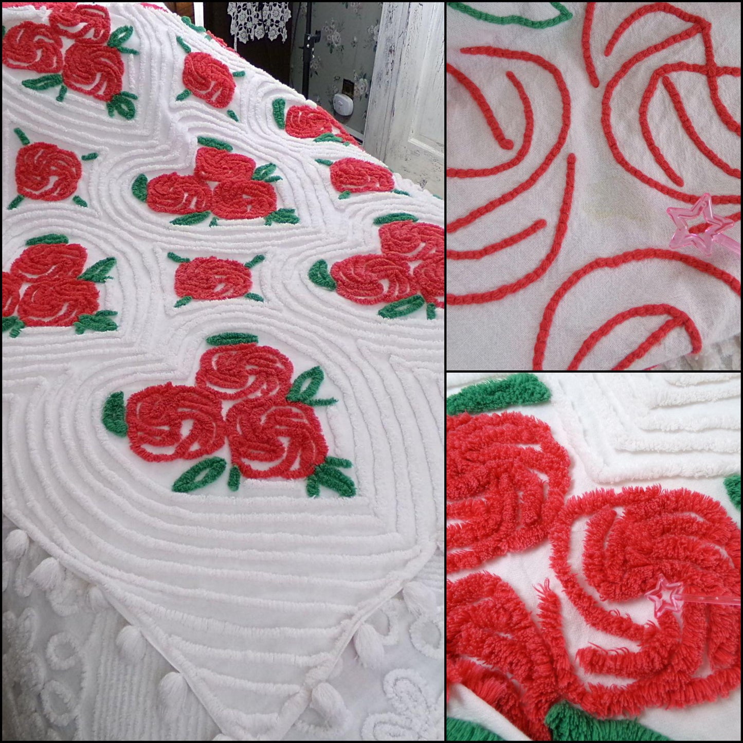 hopeless romantic vintage chenille bedspread, shabby red pinwheel roses in swirl hearts, 100% white cotton full size bedding, pom pom trim