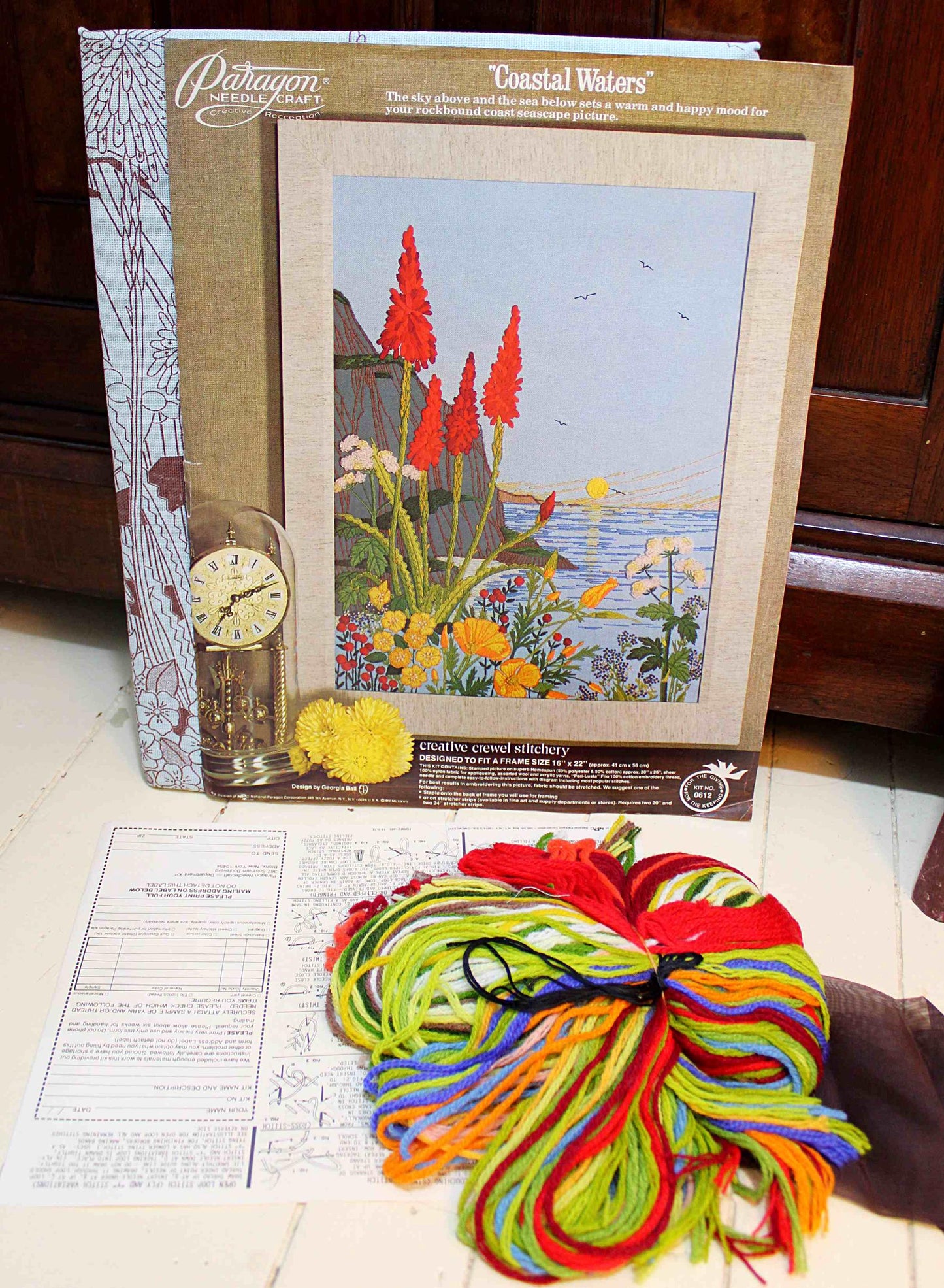 COASTAL WATERS Vintage Paragon Needlecraft Crewel Embroidery Stitchery Kit #0612, Beautiful Seaside Floral Design by Georgia Ball