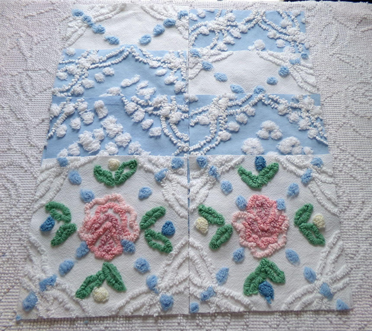 winter rose chenille fabric squares, set of 8 vintage 7.5" quilt blocks, blue & white geometric, pink floral for sewing, crafts, quilting