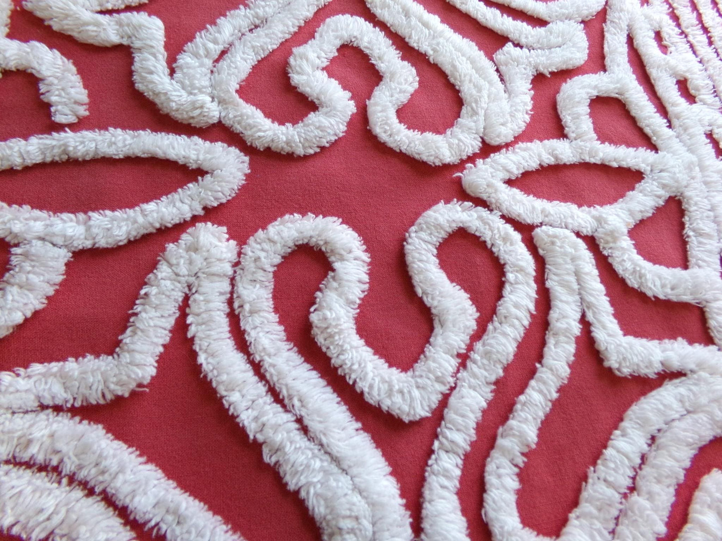 cherry red & white vintage chenille fabric, victorian scroll stripe design, 20" x 24" cut piece of craft, sewing, pillow, quilt material