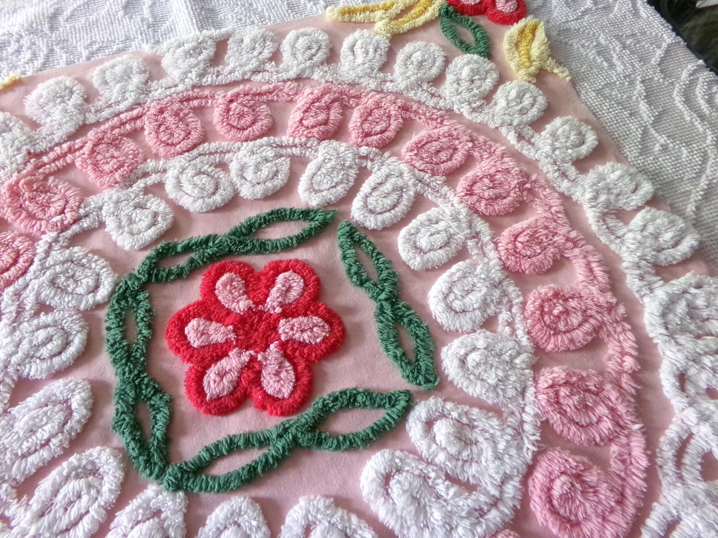 pink & white frosted cake chenille fabric, vintage 1950s sewing material for quilting and crafts, 24" x 23" inch piece with single rose