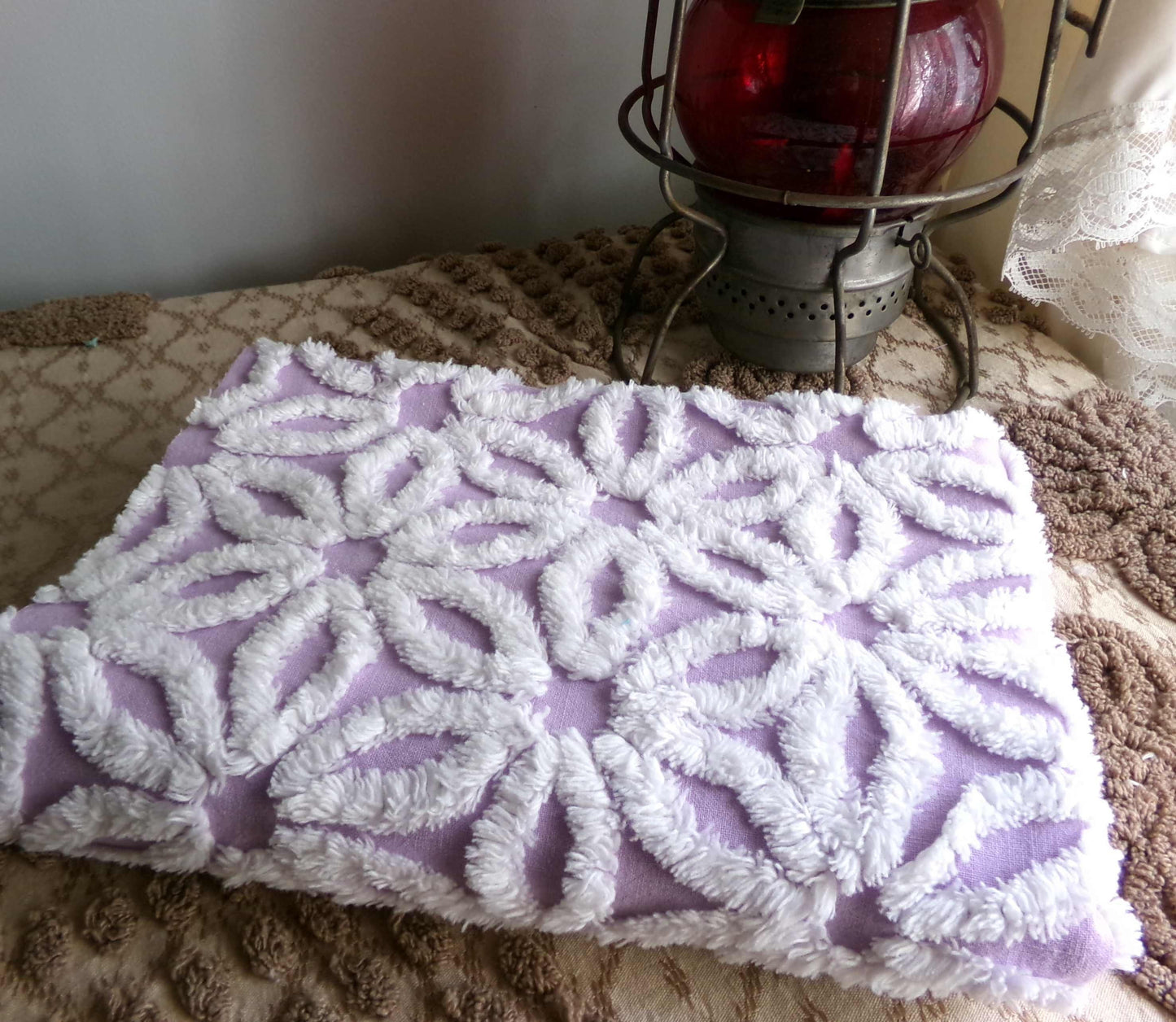 Spring Lavender Vintage Chenille Fabric in Lilac Purple & Fluffy White Daisy, 19" x 25" inch Piece, Lovely in Quilts