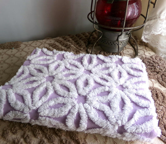 Spring Lavender Vintage Chenille Fabric in Lilac Purple & Fluffy White Daisy, 19" x 25" inch Piece, Lovely in Quilts