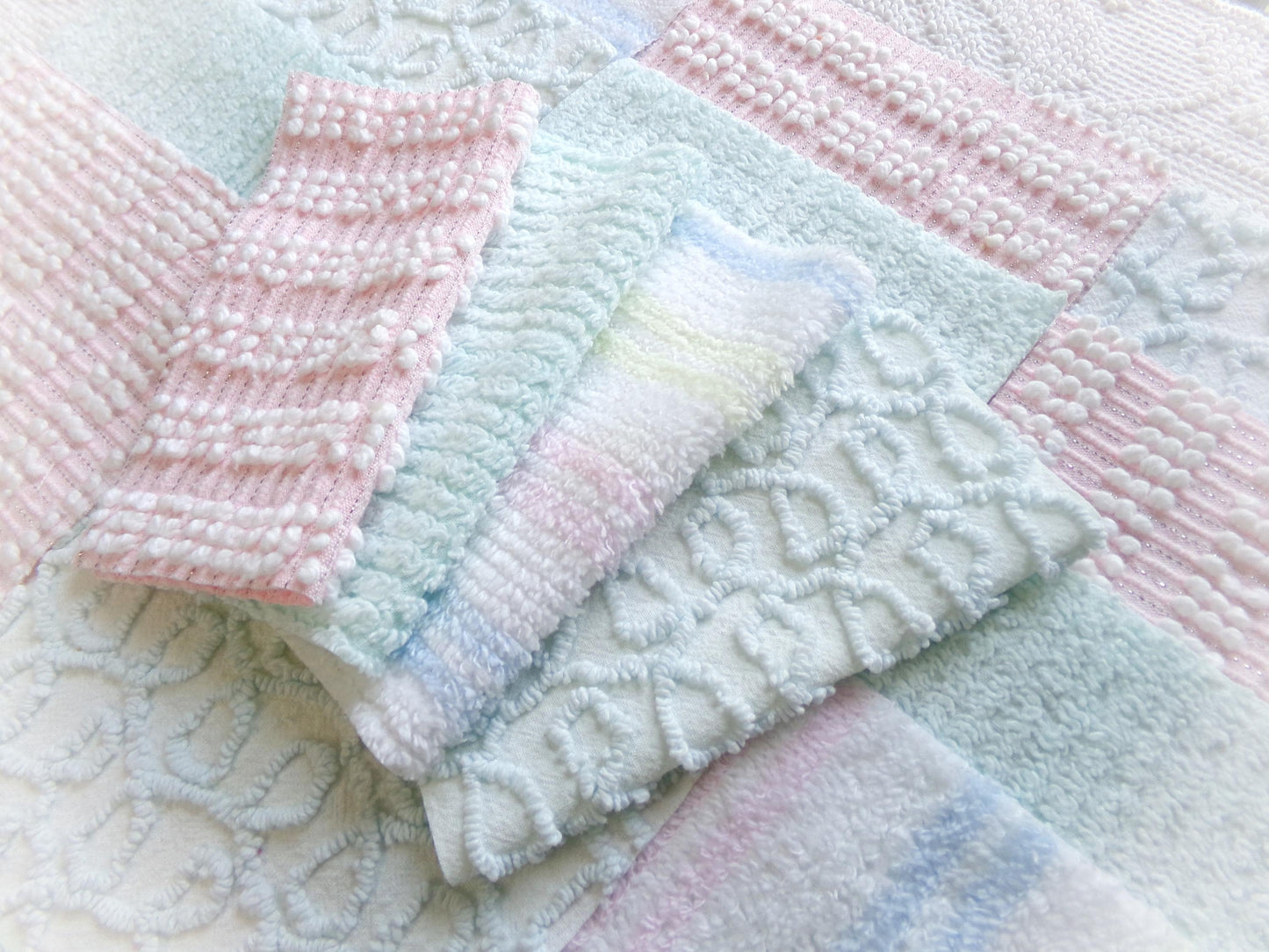 vintage chenille fabric squares, "summer rainbow" set of 16 pastel 6" quilt blocks, gentle geometric patterns, for quilting, crafts & sewing