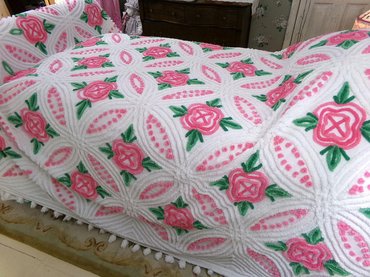 princess pink rose vintage chenille bedspread, cabbage roses on white with pom pom trim, 100% cotton full size cottage bedding