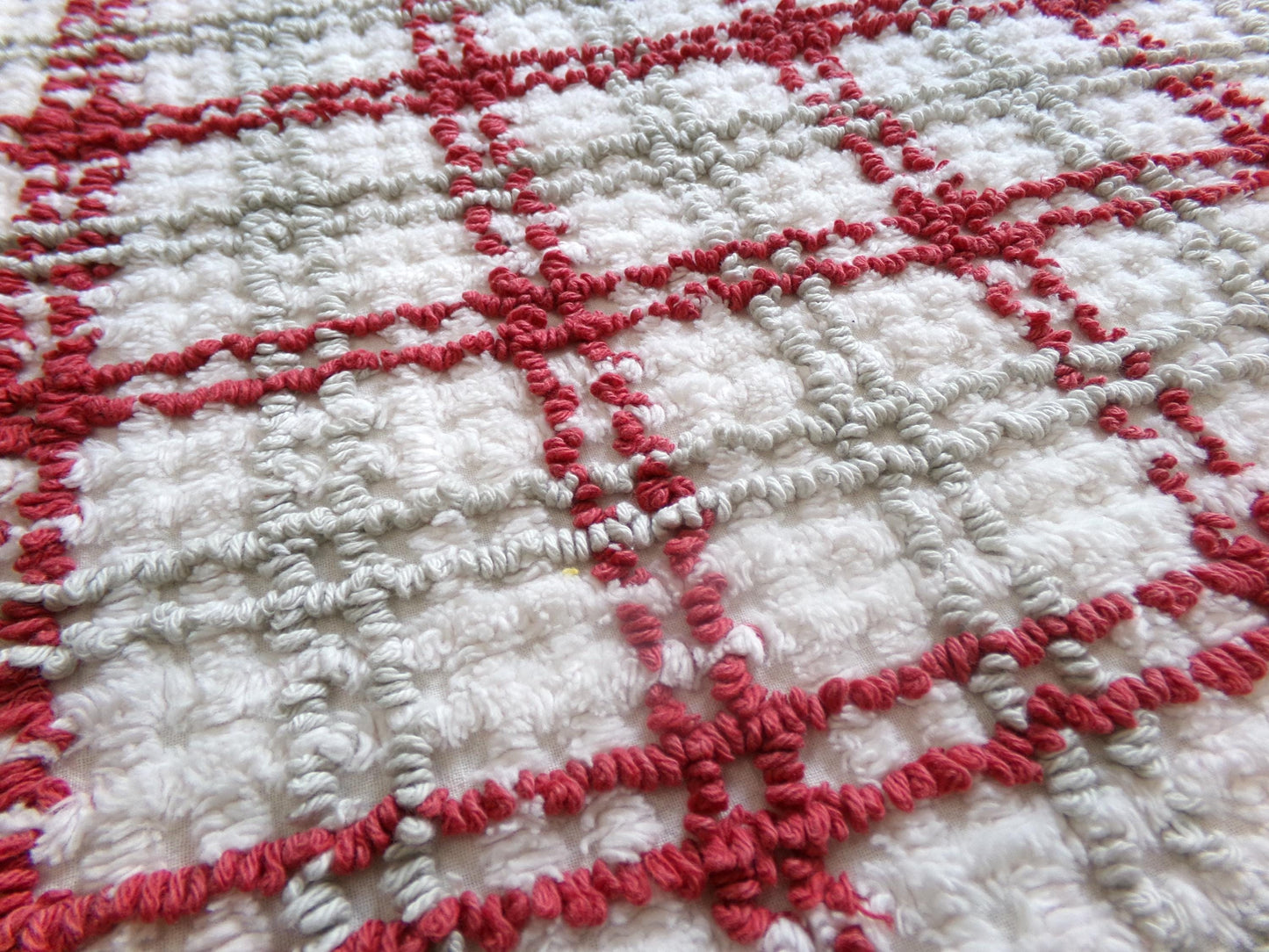 Preppy Plaid Vintage Chenille Fabric, Maroon & Grey Needletufting on White Grid, 18" x 23" inch Piece, 100% Cotton