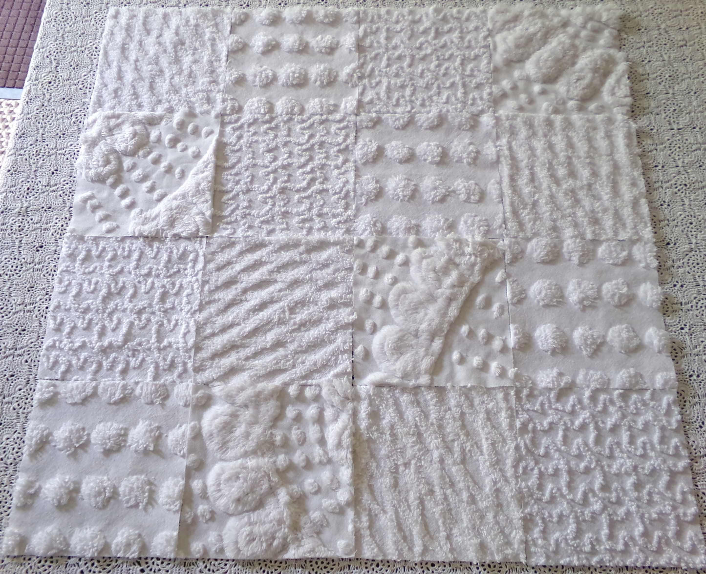 snow day white chenille fabric squares, 16 vintage 6" x 6" quilt blocks, pops, squiggles, diamond lattice & swirls