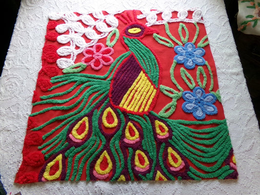 peacock vintage chenille fabric panel in saturated red, exotic material for a wall hanging or pillow, 23" x 24" inch piece