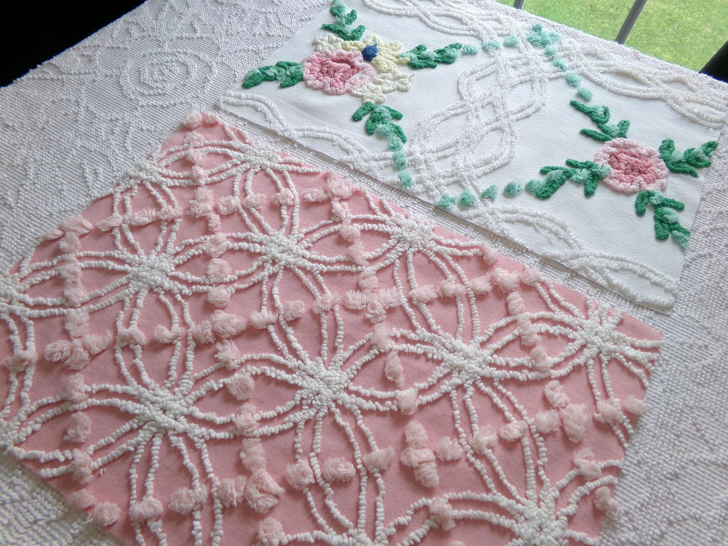 Cottage Style Vintage Chenille Fabric Bundle for Sewing, Quilting in Pink Floral, White & Green | 2 Pieces 12" x 18" each