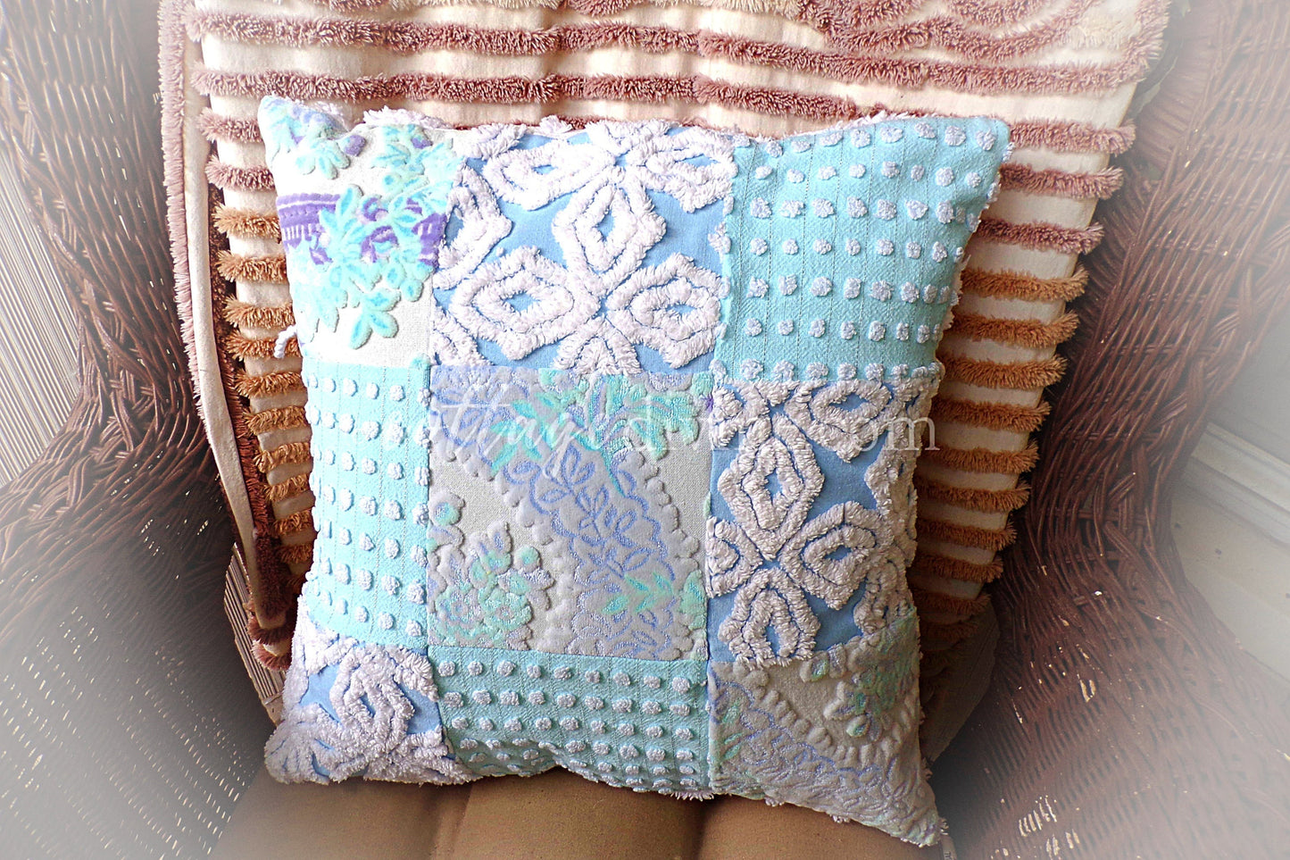 Coastal Chic Velvet & Chenille Pillow Cover 16" x 16" inch Square, REVERSIBLE Patchwork Accent Pillow from Vintage Chenille Bedspread Fabric