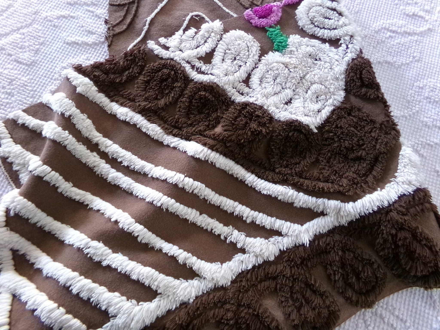 Chocolate Brown Vintage Chenille Tufted Fabric, 11" x 24" inch Piece, for Junk Journals, Fiber Arts