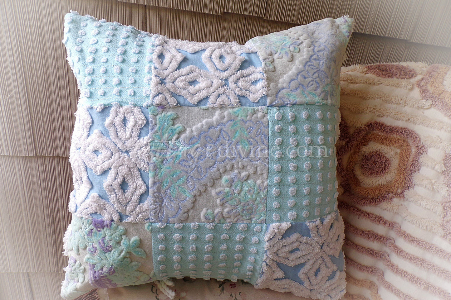 Coastal Chic Velvet & Chenille Pillow Cover 16" x 16" inch Square, REVERSIBLE Patchwork Accent Pillow from Vintage Chenille Bedspread Fabric