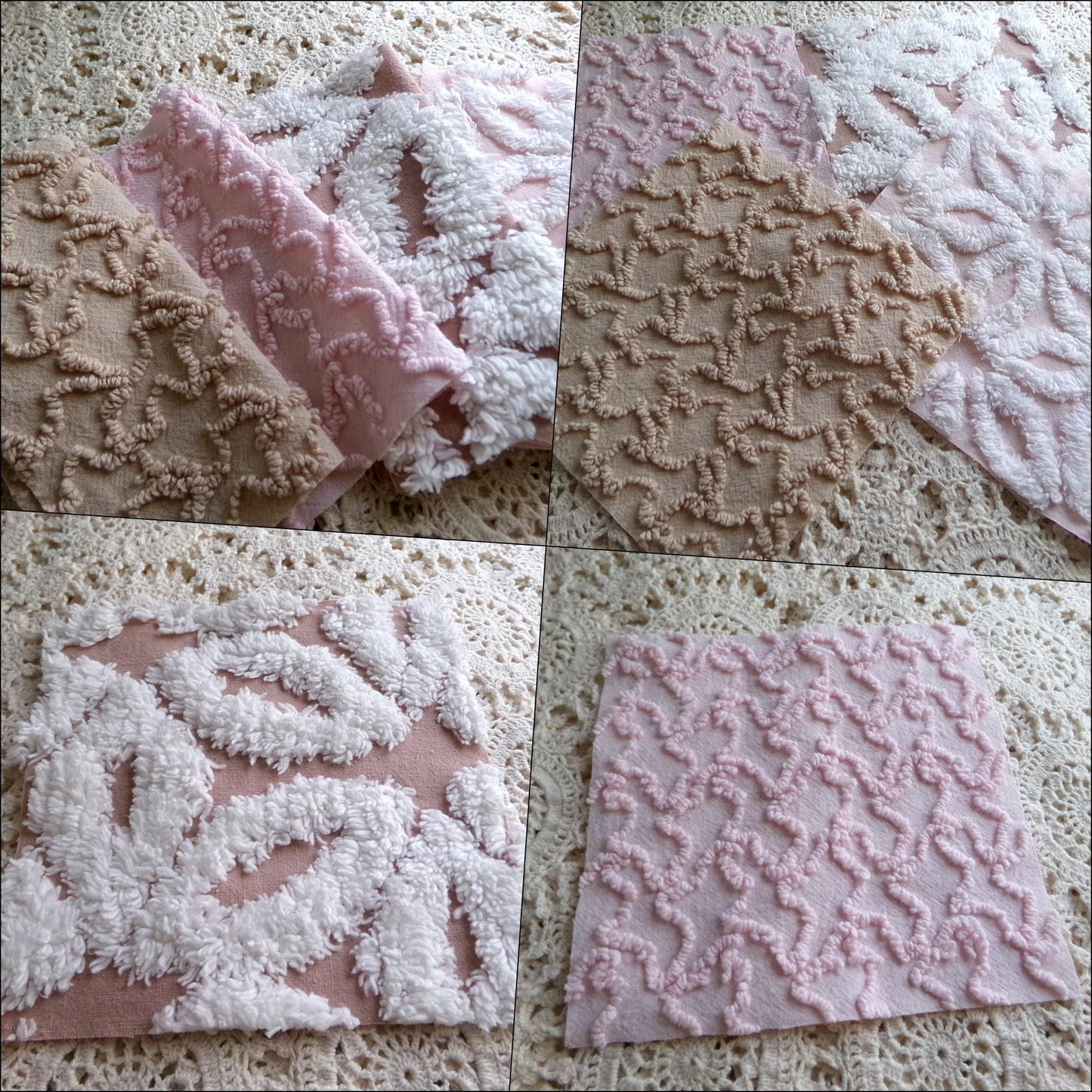 modern mocha pinks chenille fabric squares, set of 16 vintage quilt blocks 6" inches ea, daisy & squiggle texture