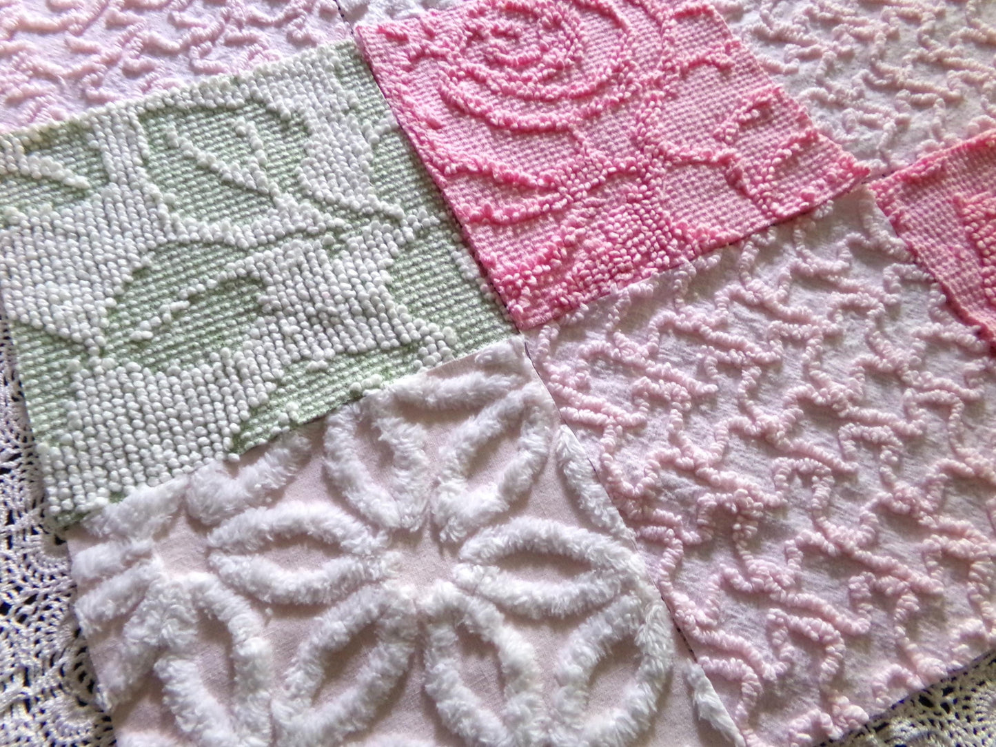 Flower Lady Vintage Chenille Squares, 16 Quilt Blocks, 6" inch in Sage Green, Petal Pink & Rose, from Chenille Bedspread Fabrics