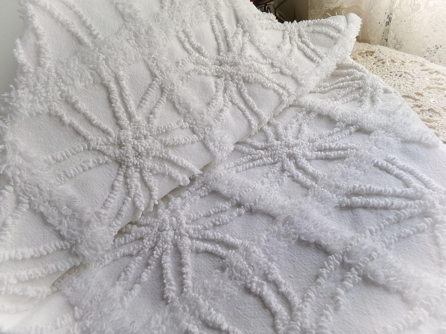 classy white chenille fabric, 3D windowpane webbing design, 20" x 25" inch piece of vintage sewing quilt material, versatile cool neutral