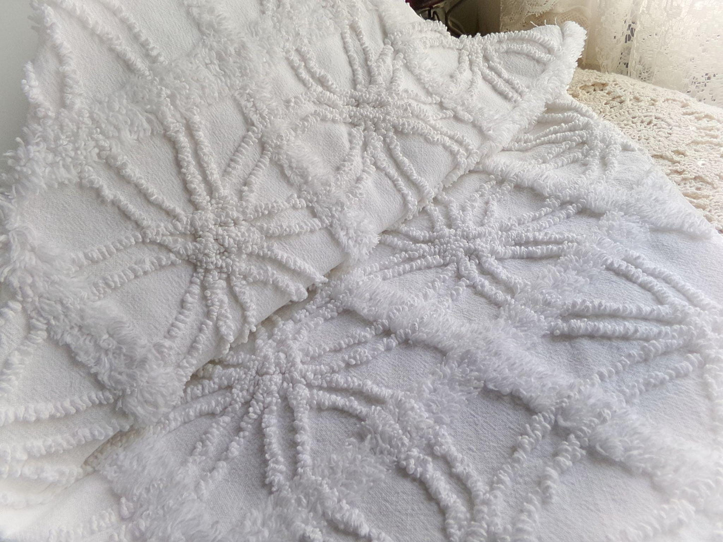 vintage white chenille fabric: webbed windowpane design, 20" x 25" cut piece