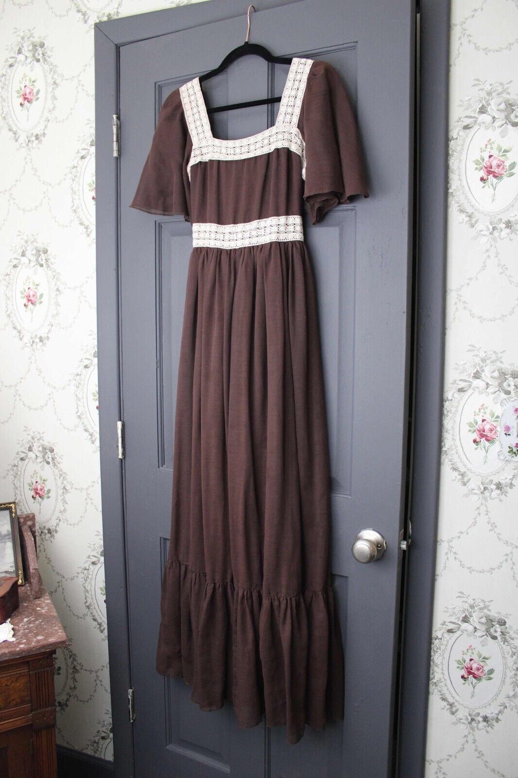 Vintage Boho Brown Prairie Dress, 1970s Long Maxi Length Gown, XS Jr Sz 11, Act I
