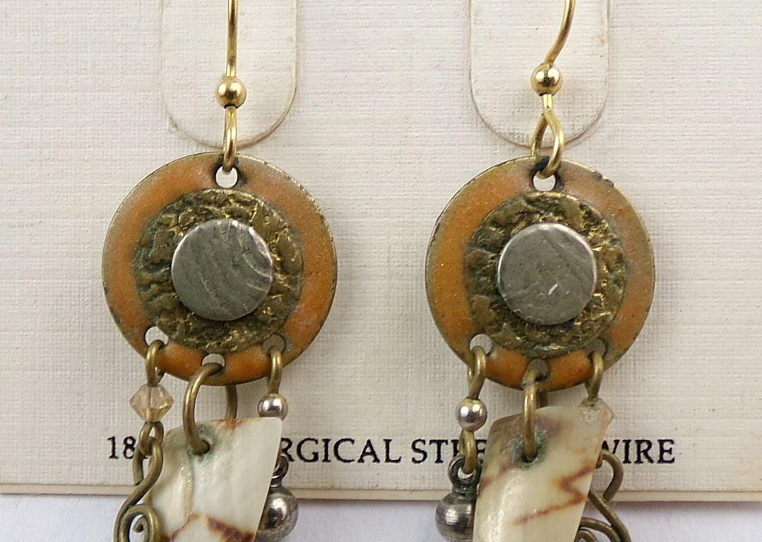 Ethnic Boho Dagger Pierced Dangle Earrings, Vintage Silver Forest Bangle Hippie Design, Artisan Made in USA