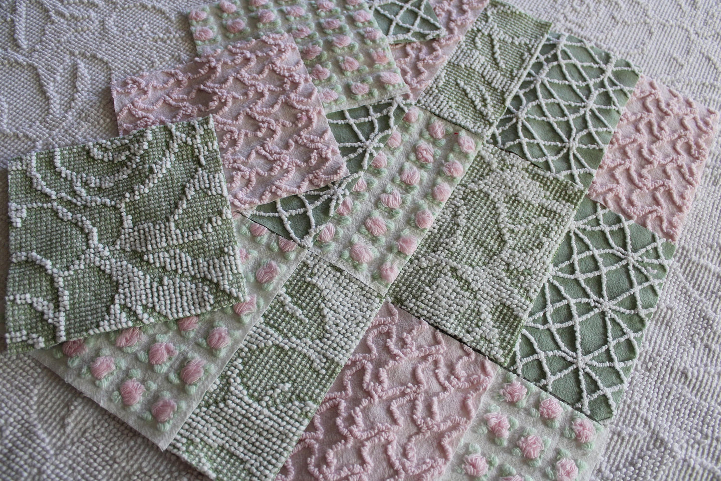 rosy romance chenille fabric squares, set of 16 vintage quilt blocks 6" inches ea, squiggle, hobnail, rosebud texture in jade & pink rose