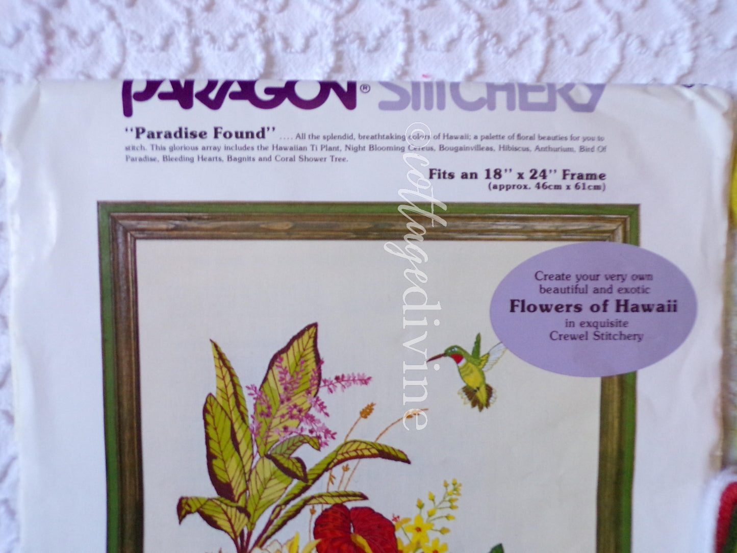 PARADISE FOUND Flowers of Hawaii Hummingbird Vintage Crewel Stitchery Kit by Paragon, Georgia Ball, # 0308