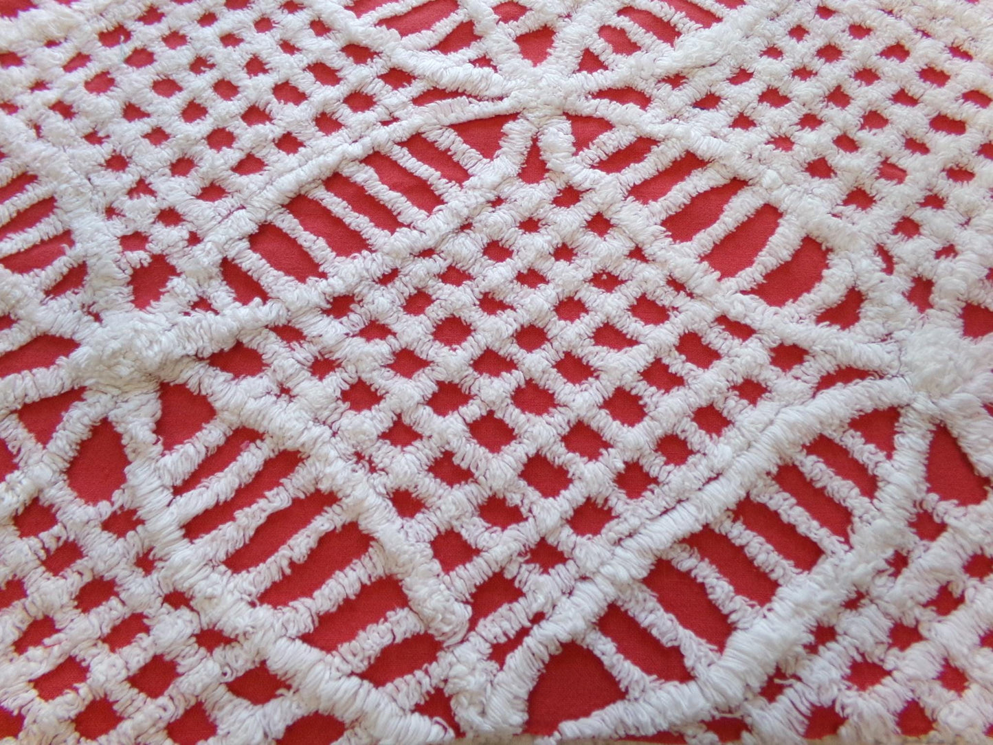 Red & White Geometric Chenille Fabric - Vintage Tufted Textured Cotton Fabric Quilting Crafts - 17" x 24" Piece of Sewing Material