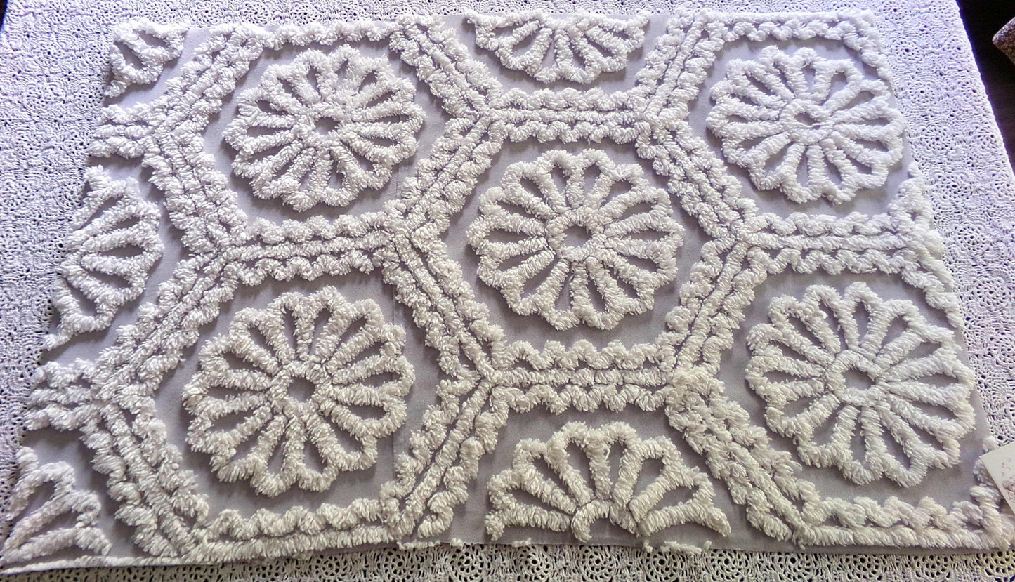 lavender mist cottage chic chenille fabric, plush white daisies, 17" x 26" piece of vintage sewing material for quilting, fiber arts