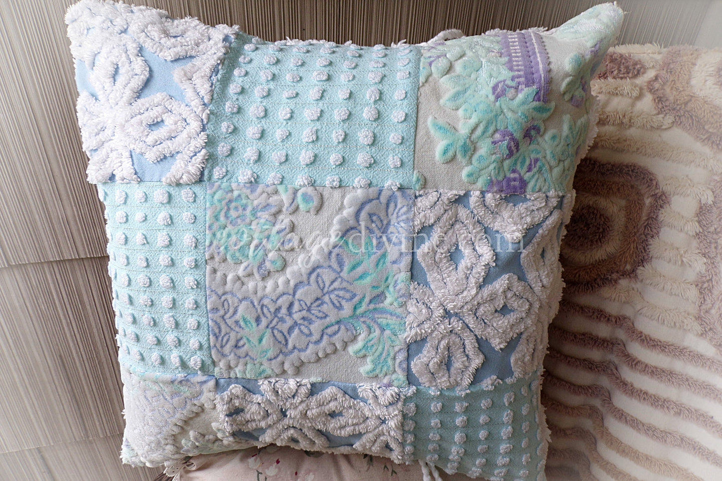 Coastal Chic Velvet & Chenille Pillow Cover 16" x 16" inch Square, REVERSIBLE Patchwork Accent Pillow from Vintage Chenille Bedspread Fabric