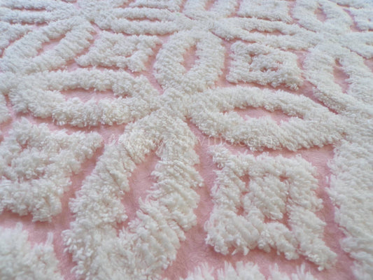 vintage chenille fabric, pink & white soft geometric design, 20" x 24" piece of sewing material