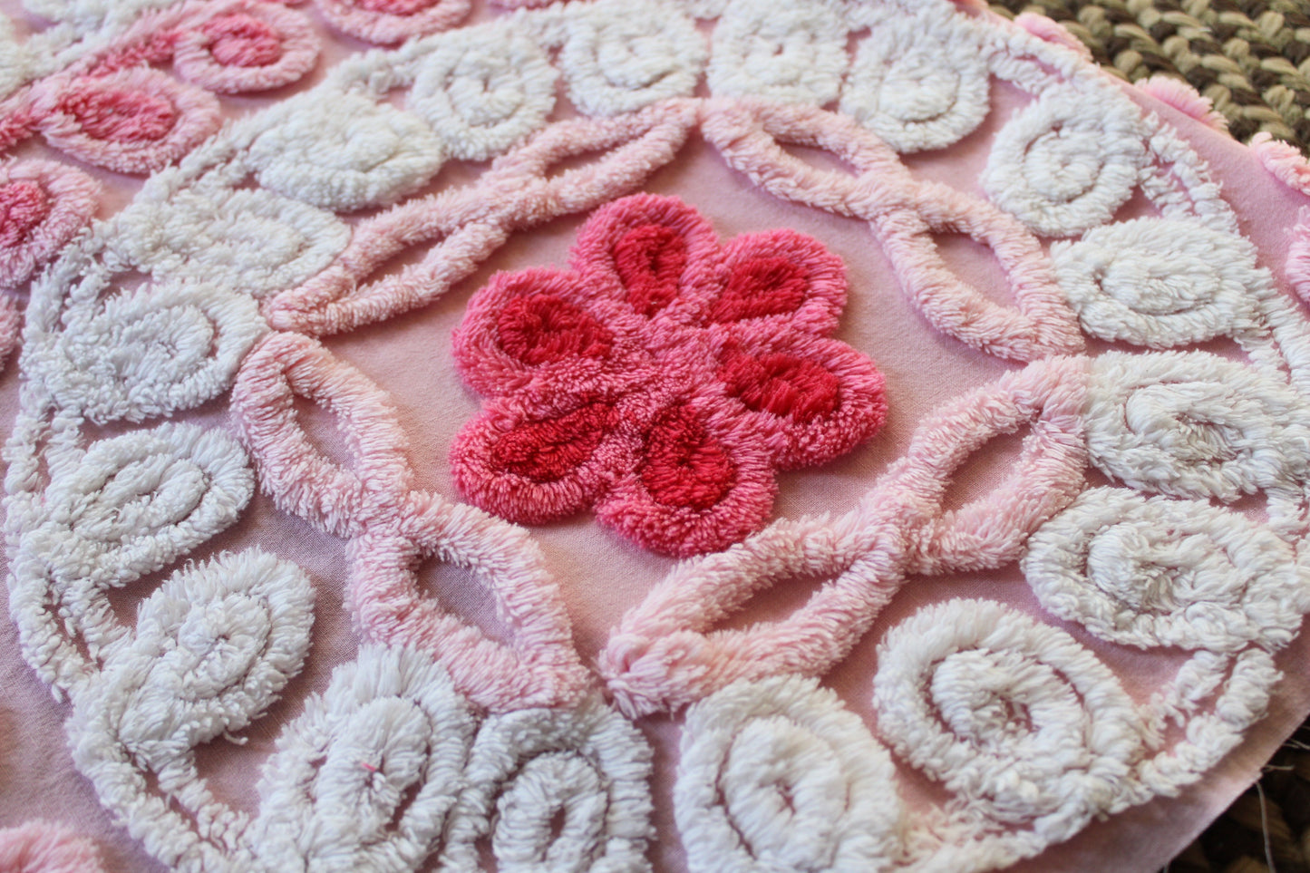 Yummy Strawberry Cake Vintage Chenille FABRIC, 32" x 17" Inch Piece, Swirls & Twirls of Frosted Tufts
