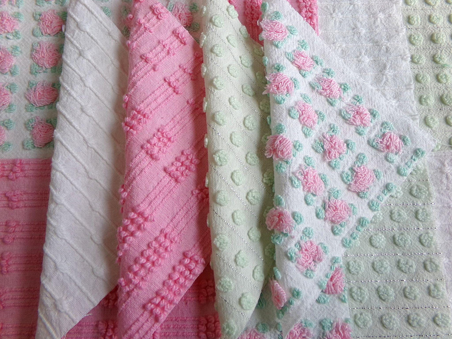fairytale pink & green chenille fabric squares, set of 12 vintage 6" quilt blocks in crafty girl's dozen, popular squiggles, rosebud, dots