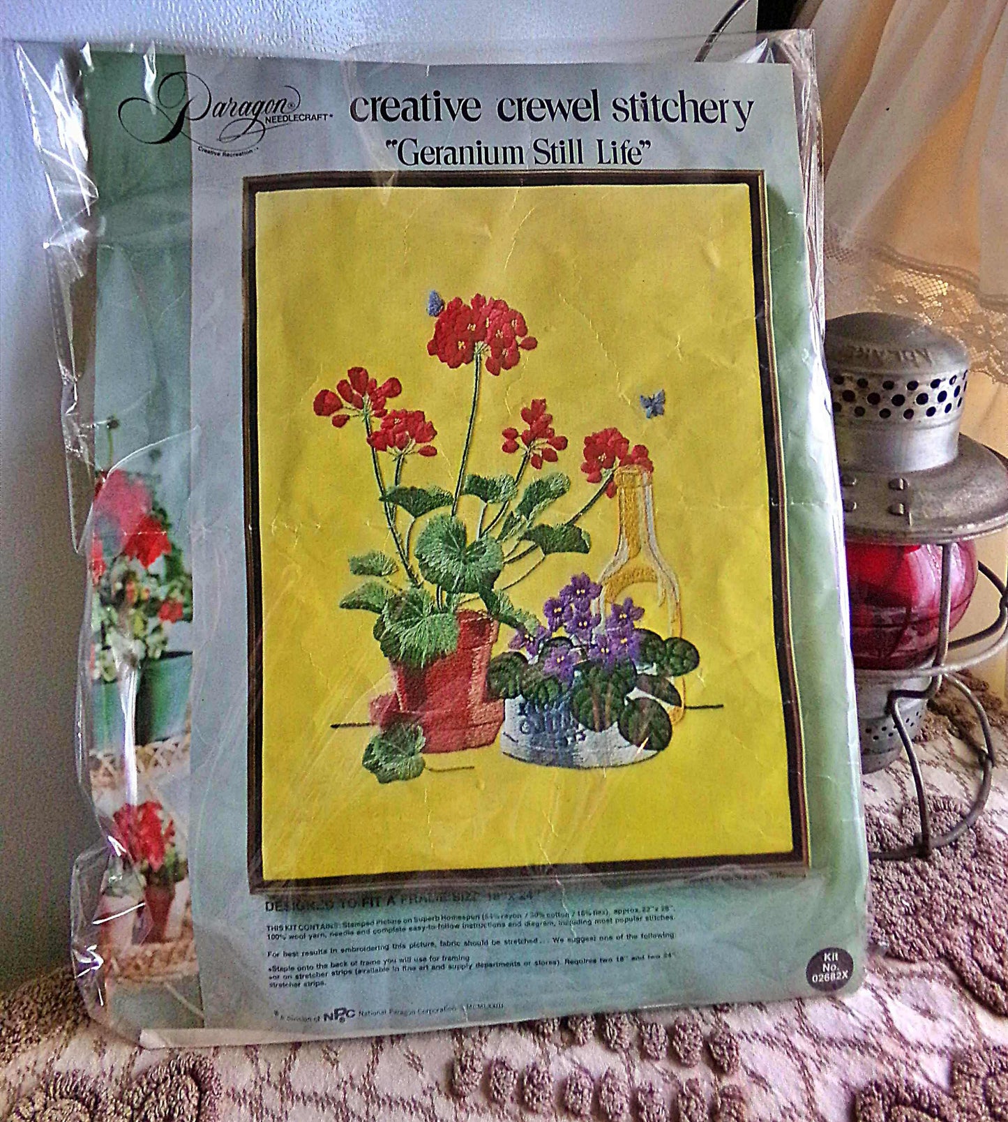 GERANIUM STILL LIFE Hippie 1970s Vintage Paragon Needlecraft Crewel Embroidery Stitchery Kit #02682X, Design by Carol & Don Henning