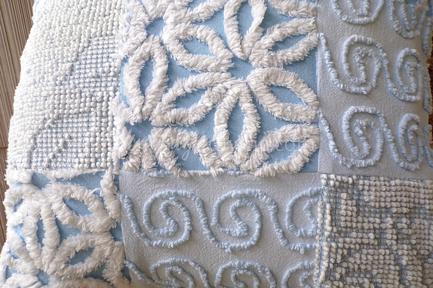 Beach Cottage Chenille Pillow Cover 16" x 16" inch Square, REVERSIBLE Patchwork Blue Accent Pillow from Vintage Chenille Bedspread Fabric