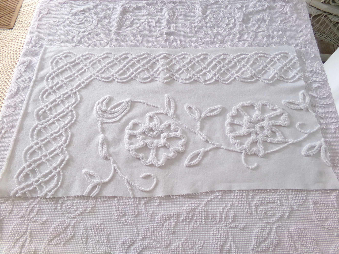 sophisticated white floral vintage chenille fabric, cotton sewing material, 15" x 27" inch piece for crafts & quilting