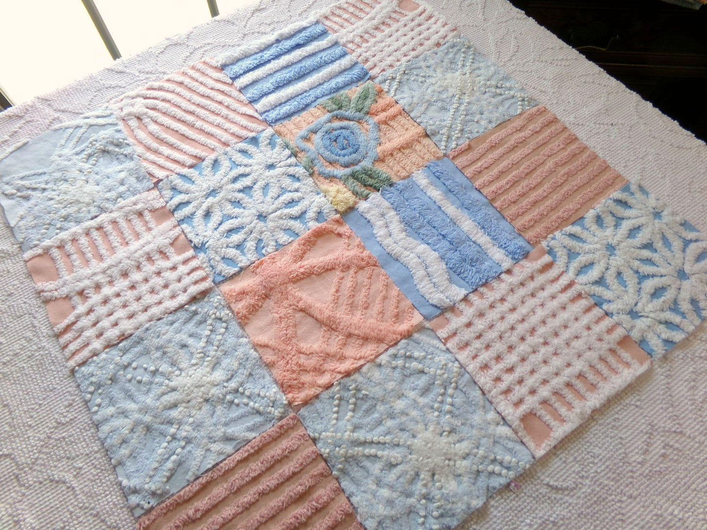 chenille 6" fabric squares, blue, peach & white plush quilt blocks, rotary cut from vintage chenille bedspreads, set of 16