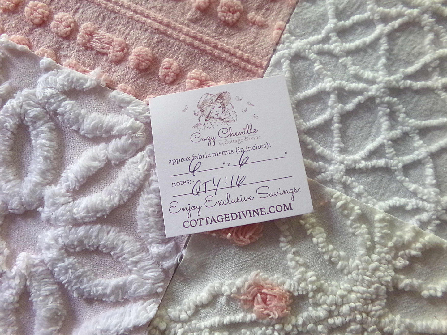 Chenille Fabric Squares Set, "Charmed", 16 Vintage Quilt Blocks, 6" inch in Pinks & White