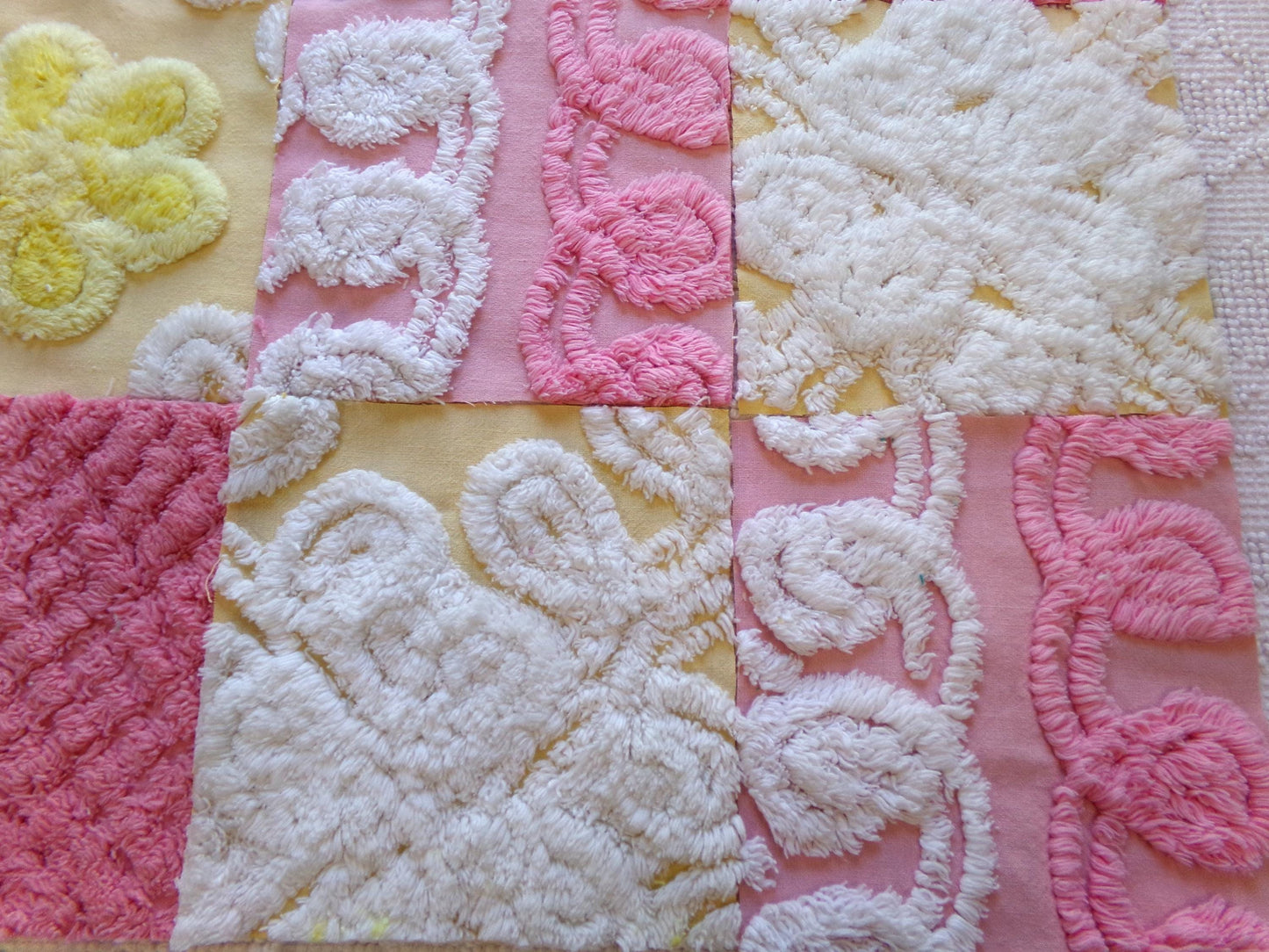 vintage 6" chenille fabric squares, set of 16 pink yellow quilt blocks, sugar & sunshine