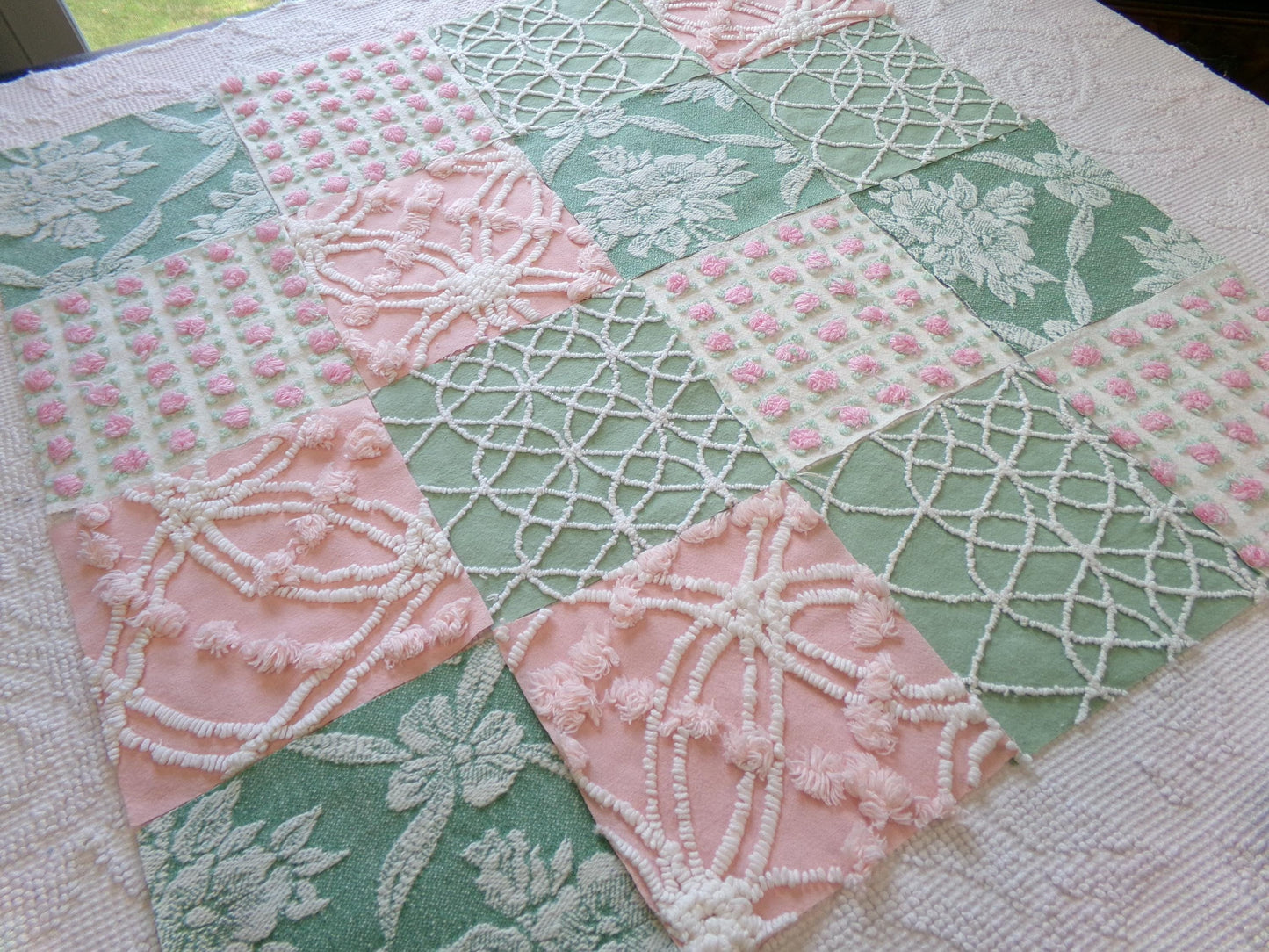 enchanted garden vintage woven & chenille fabric squares, set of 16 pink jade 6" quilt blocks for crafts, sewing, diy pillow covers