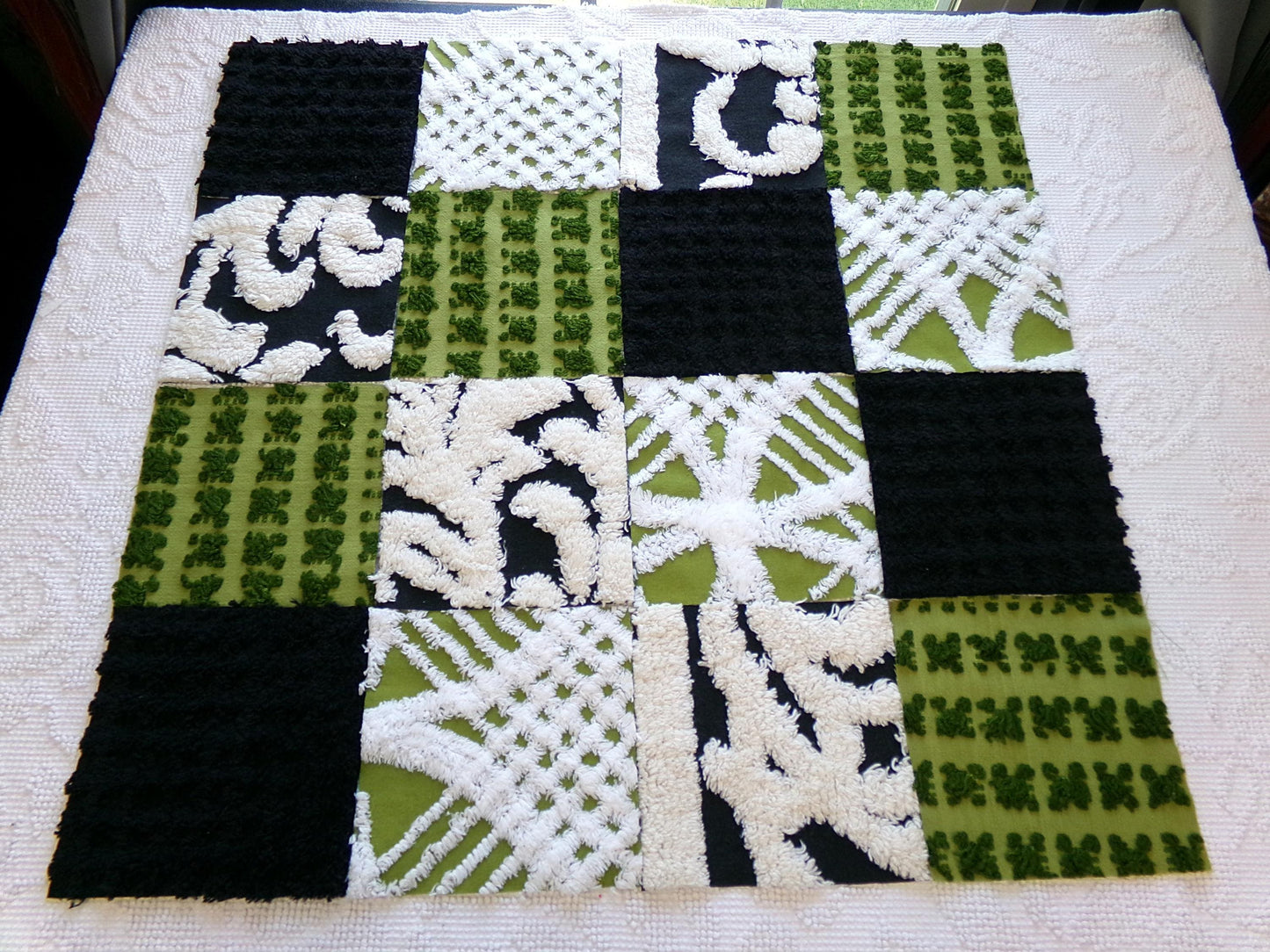 goblin green & black vintage chenille fabric squares, set of 16 boho 6" quilt blocks for crafts, sewing, diy pillow covers