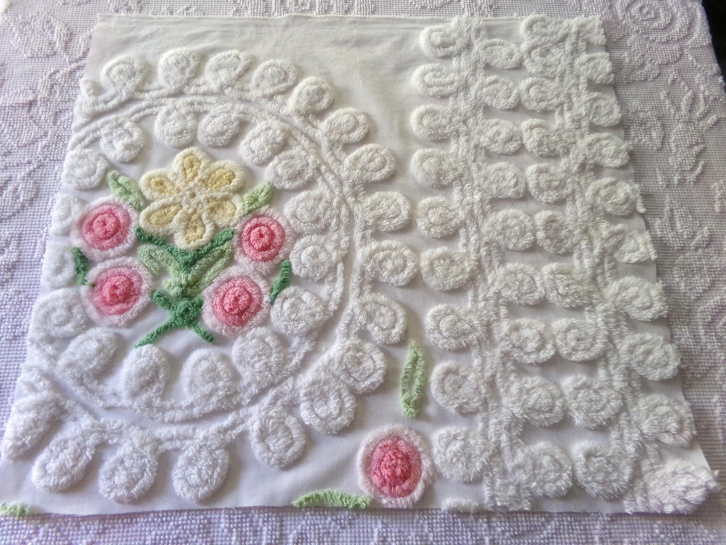 bridal cake vintage chenille fabric, lovely sculpted white curlicues & rosette florals, 20" x 23" inch piece of cotton sewing material