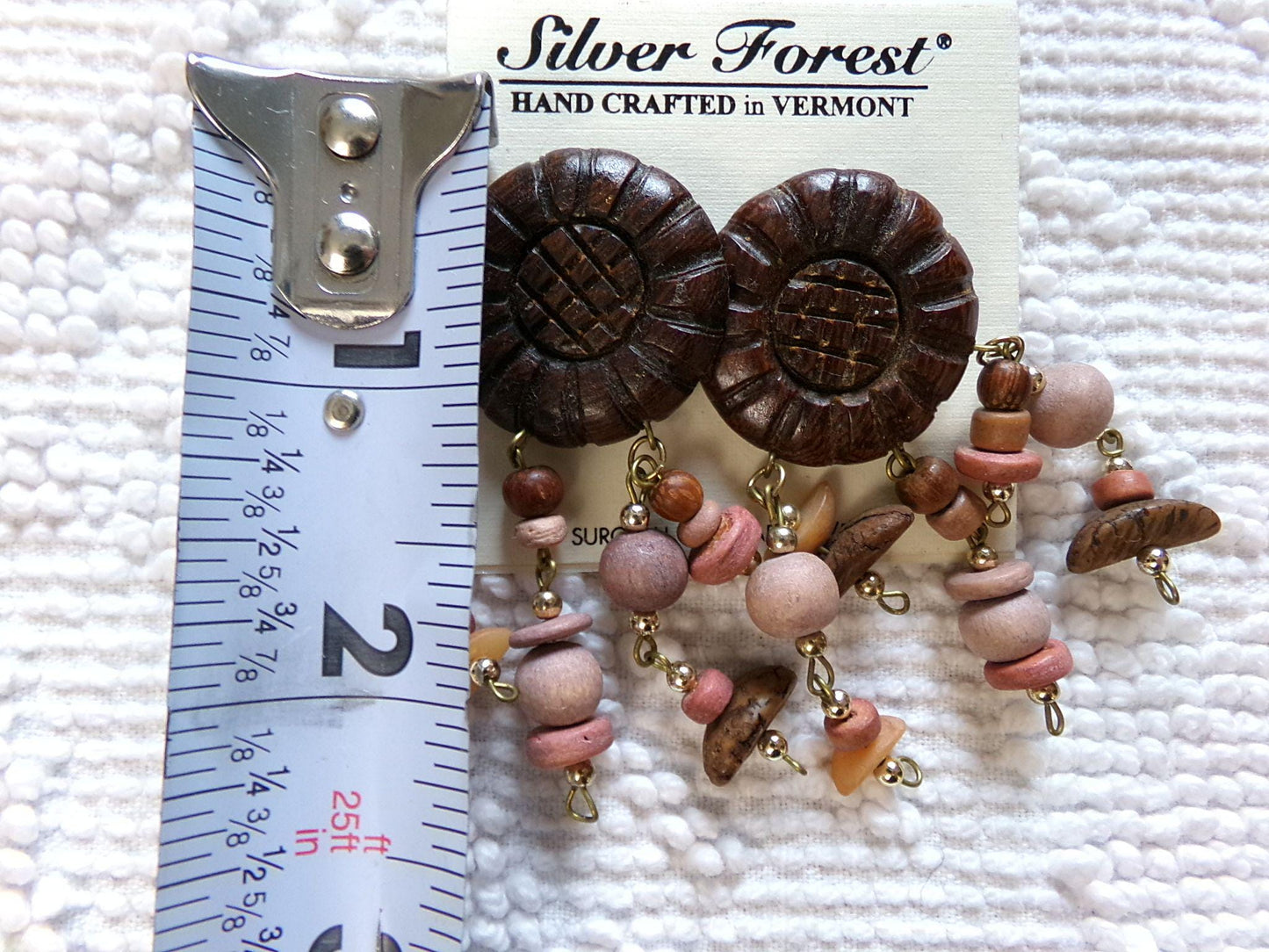 Carved Wood Daisy Dangle Pierced Earrings with Bangles, Vintage Silver Forest Vermont Hippie Boho Artisan Style