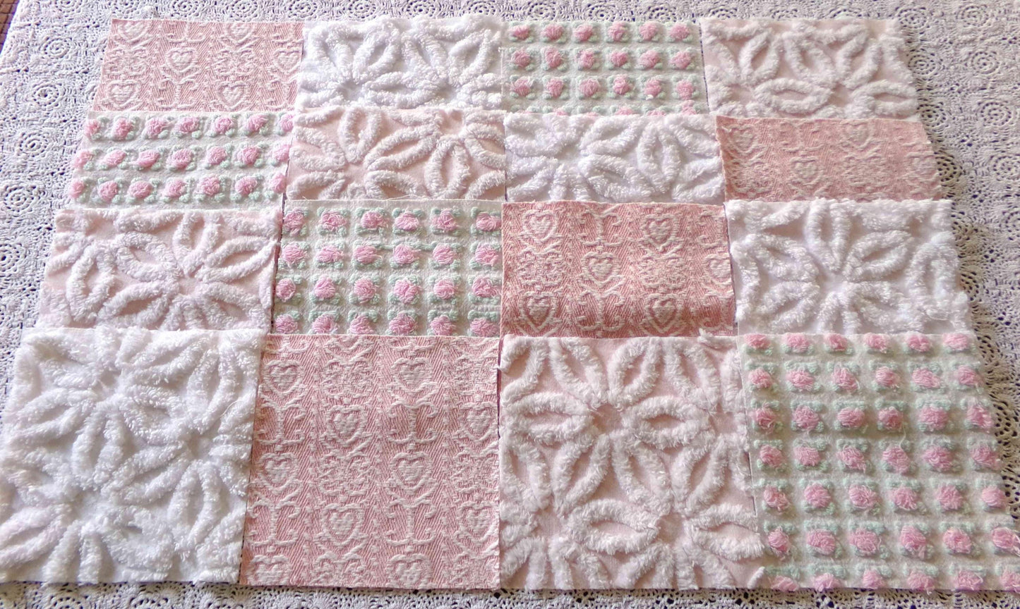 Pink Mix Vintage Woven & Chenille Fabric Squares, Daisy, Rosebud, Hearts Quilt Square Set, 16 Blocks 6" x 6" inch for Pillows, Doll Blankets
